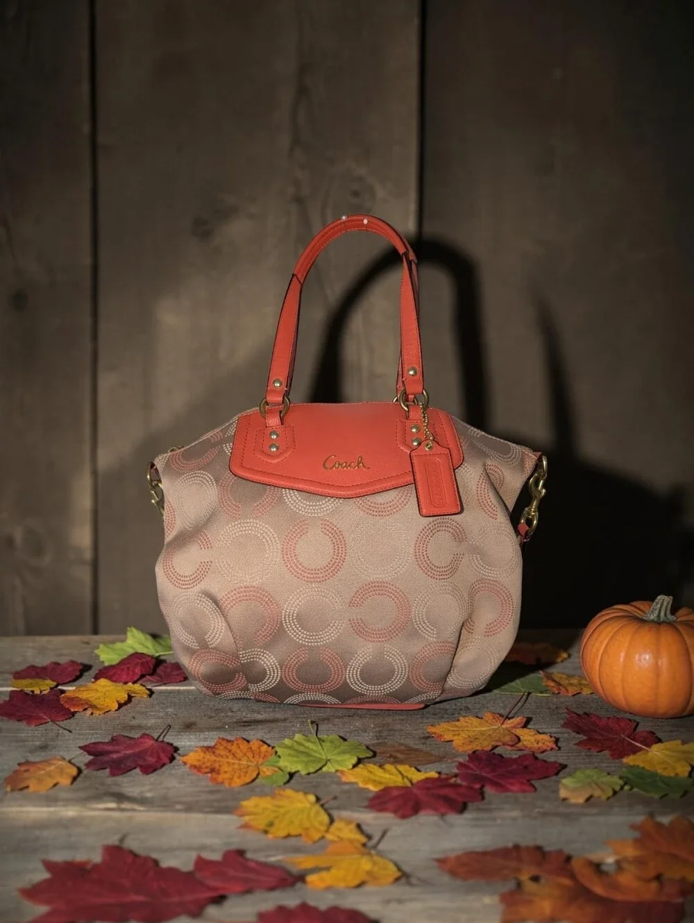 Coach Ashley Dotted Op Art Beige & Coral Satchel Detachable Shoulder Strap